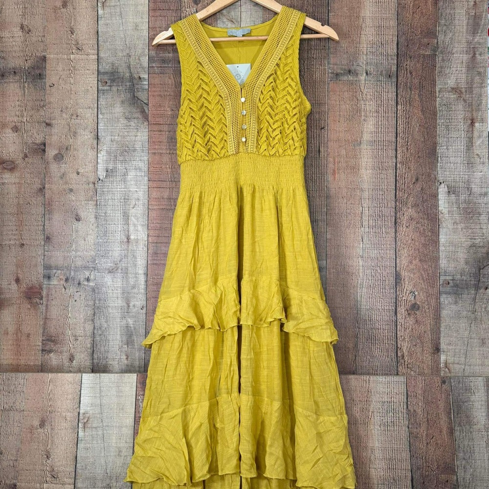 Mustard Yellow Lace Tiered Ruffle Maxi Dress Sleeveless Small Romantic Boho NEW